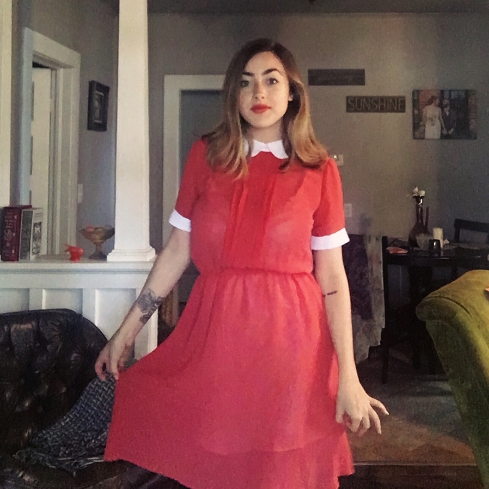 ModCloth Coral Red Dress with White Collar and Cuffs